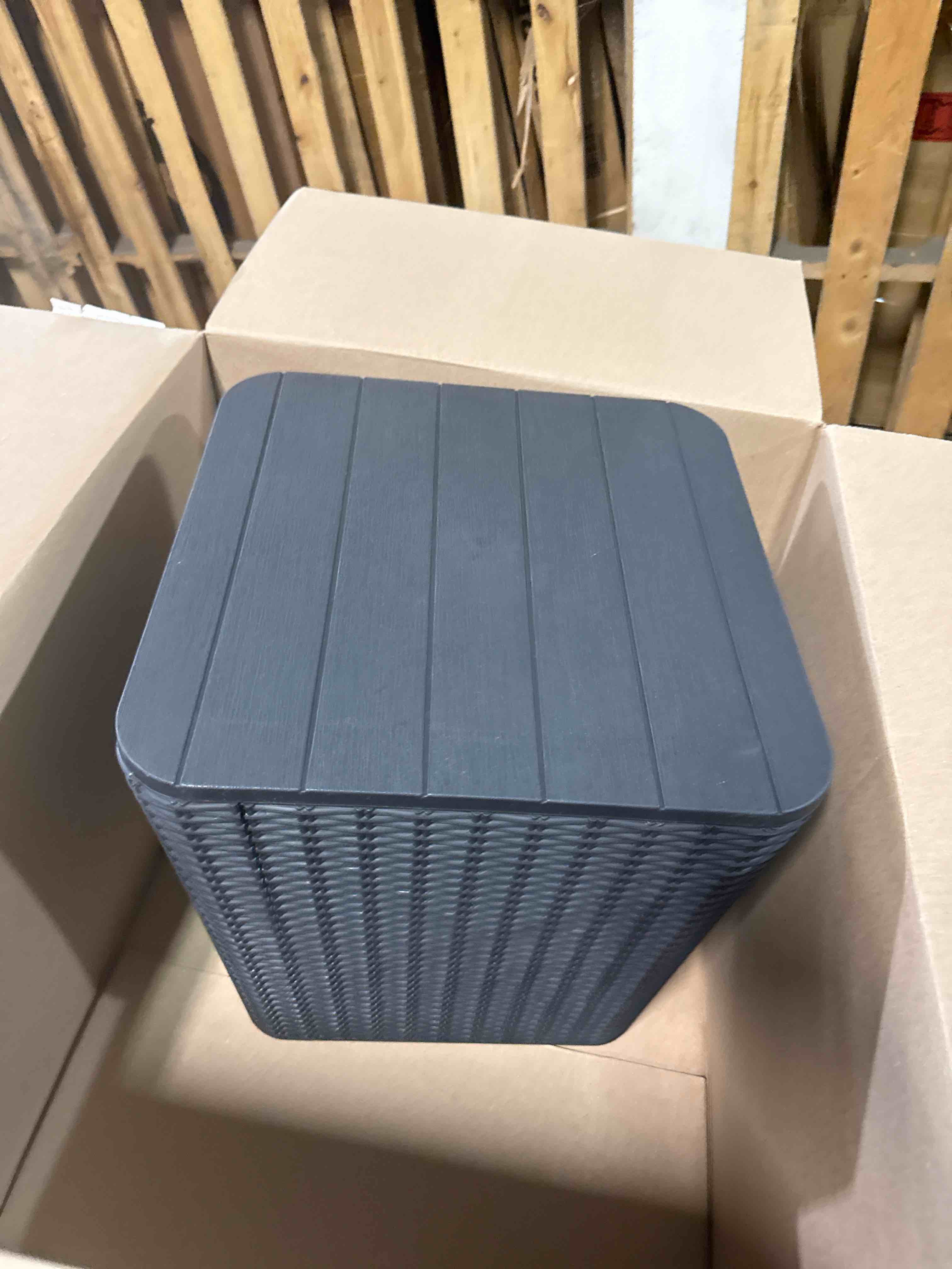 Condition photo showing Good Condition for tangkula 11.5 gallon water-proof deck box, outdoor patio storage box w/removable lid &, faux rattan storage container side table, all weather patio furniture extra seat for poolside (black)