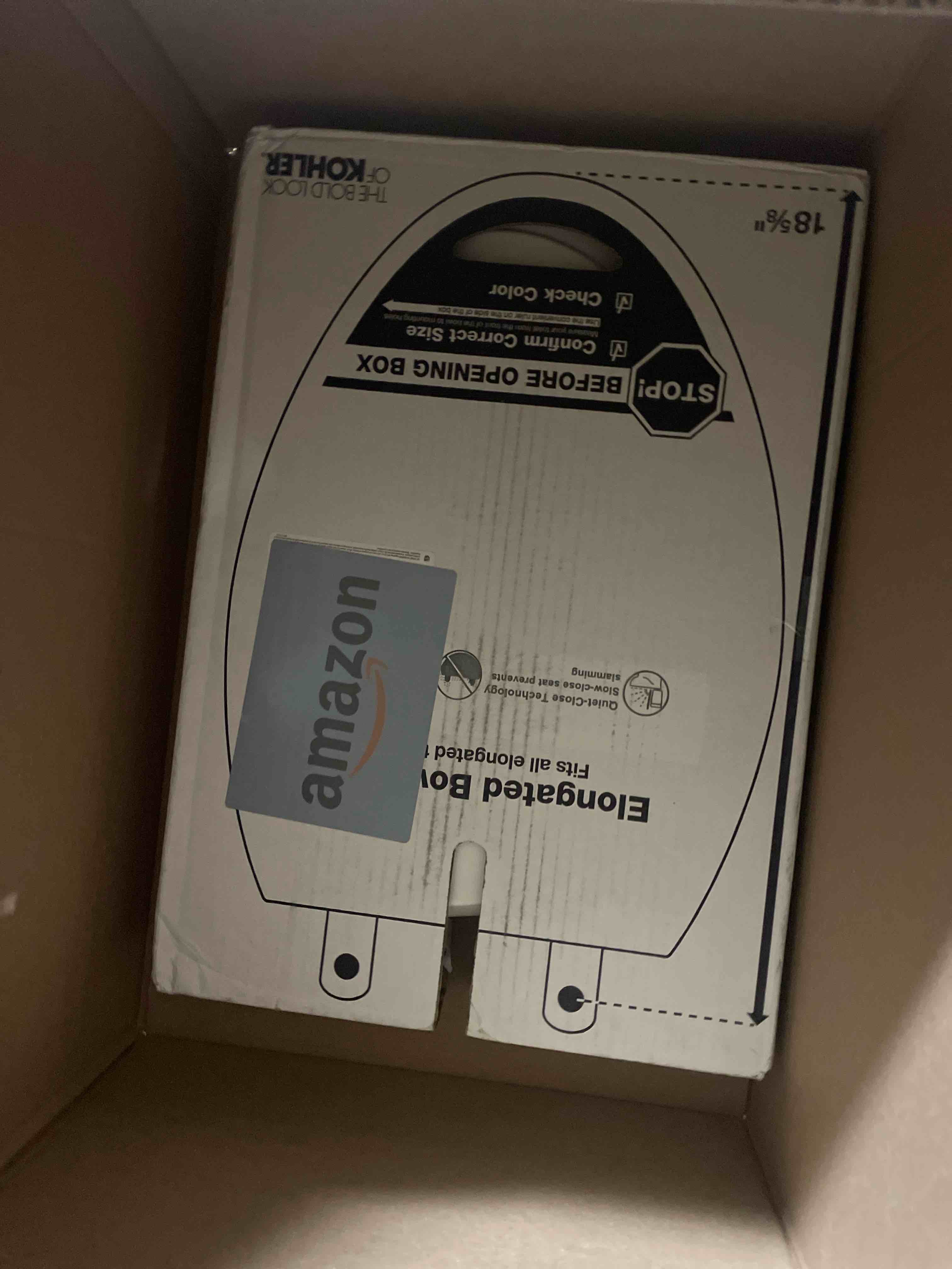 Condition photo showing New/Like New for kohler 4734-rl-0 rutledge readylatch elongated toilet seat, quiet-close lid, contoured seat, grip-tight bumpers and installation hardware, white