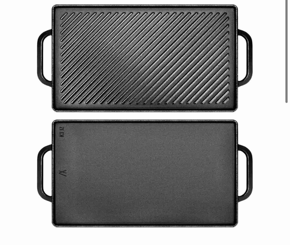 2-in-1 Cast Iron Grill Griddle Pan, Rectangular Double-Sided Cooking Pan with Dual Handles, Non-Coated & Healthy, Includes 2 Loofah Cleaning Brushes