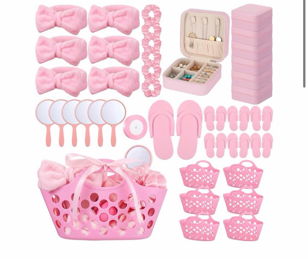 SiliFine 36 Pcs Pink Spa Sleepover Party Favor Supplies for Girls Weekend Gifts Set Include Storage Basket, Disposable Slipper, Mirror, Hair Tie, Headband, Jewelry Box, Ribbon for Women