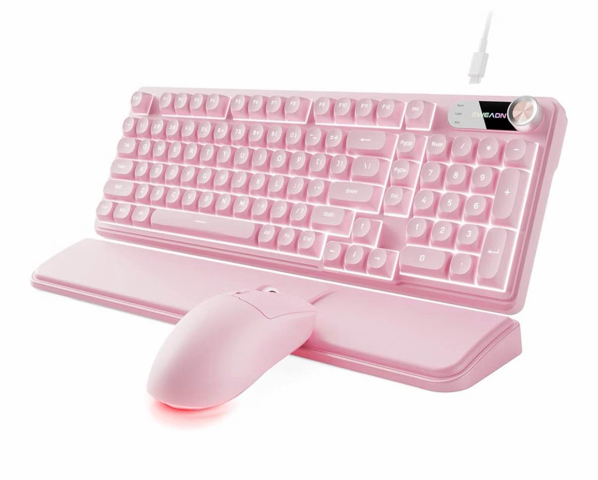 EWEADN Wired Keyboard and Mouse Combo with Detachable Wrist Rest - Pink