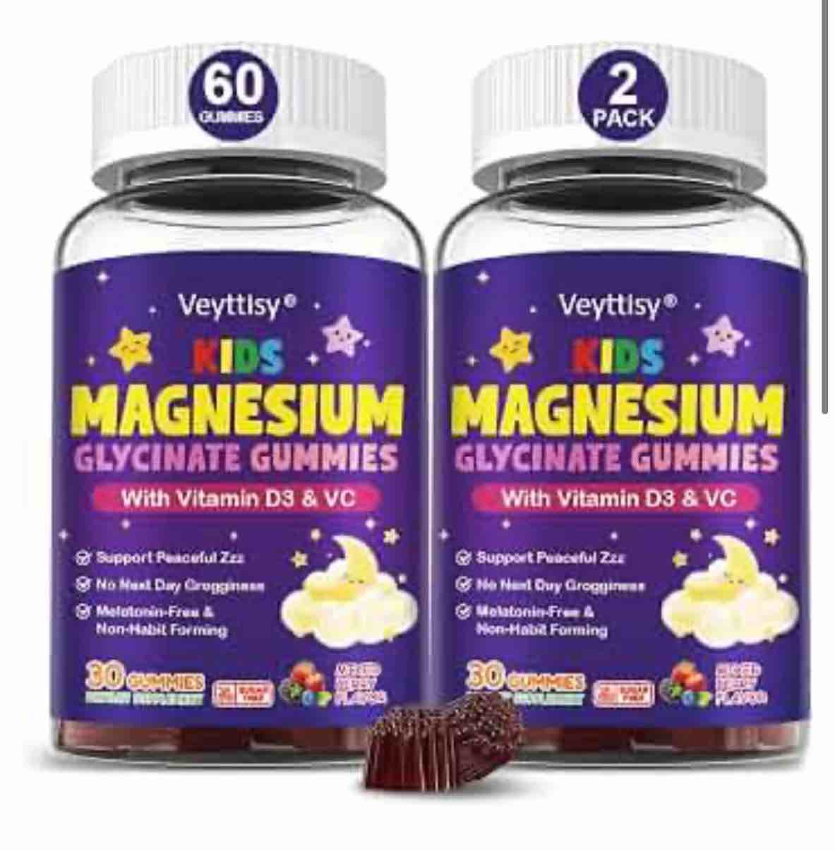 Sugar Free Kids Magnesium Glycinate Gummies - Magnesium Glycinate Gummy with D3 & C for Ages 4-8 - No Melatonin, Non-Habit Forming, Vegan, 2 Pack Mixed Berry 30 Count (Pack of 2)