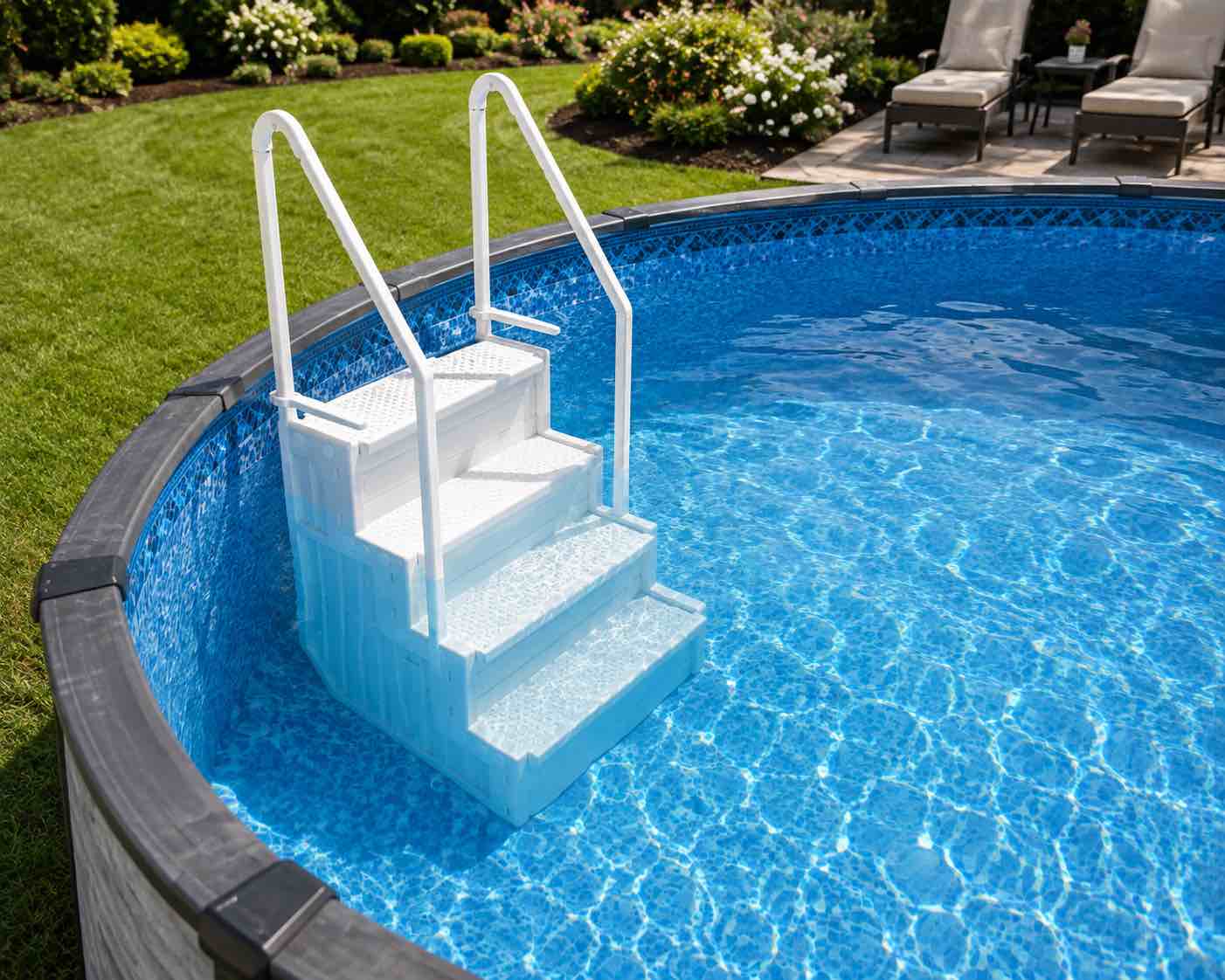 Condition photo showing New/Like New for blue wave affinity 15-ft round 52-in deep hard sided above ground pool with resin verticals & top seats, vinyl liner & skimmer  steel wall construction with 5,130 gallon cap for family recreation & bonus blue wave pool steps!!! 