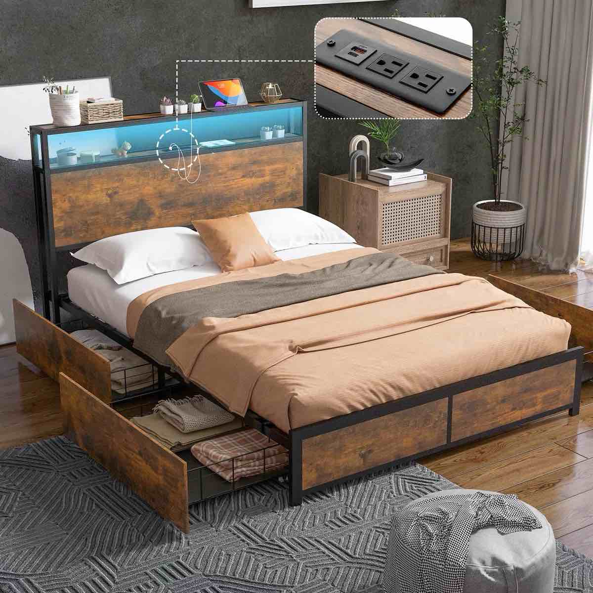 Wood/Metal Bed Frame with LED Lights Headboard and 4 Storage Drawers, Outlets and USB Ports Charging Station 