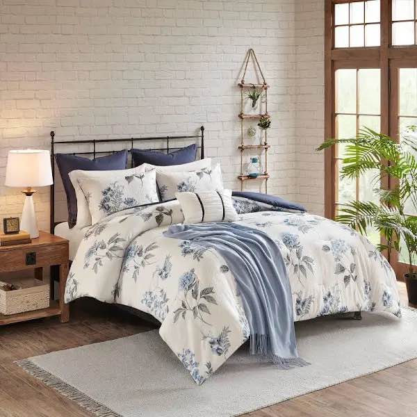 7 Piece Zennia Farmhouse Comforter Set with Throw-Blanket, Floral Print on Seersucker Textures, All Season Bedding, Matching Pillows Shams