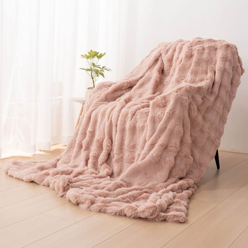 Cozy, Warm Luxury Faux Fur Rabbit, Throw Blanket, Knitted, Soft, Thick, - Pink