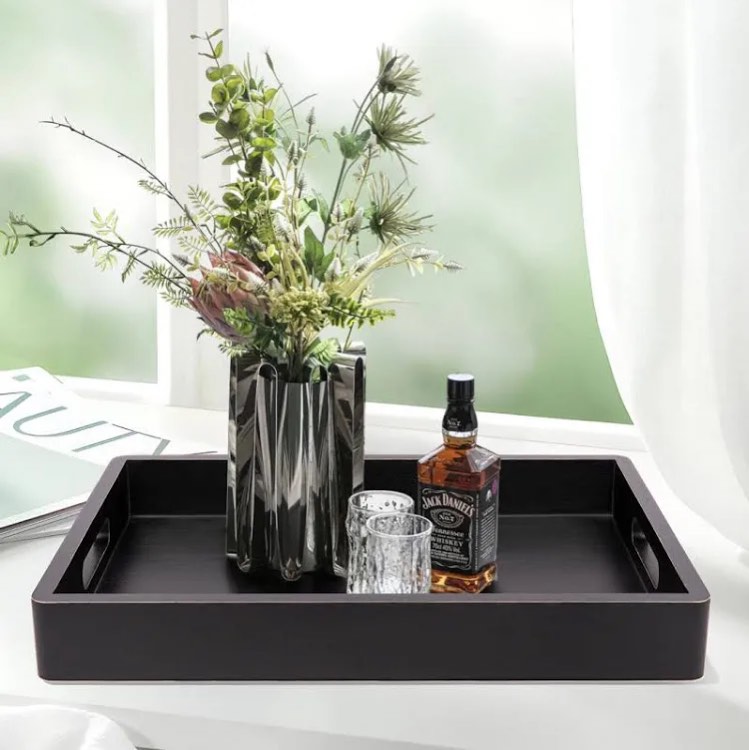 Wood Serving Tray With Handles, Home Decorative Wooden Rectangle Black