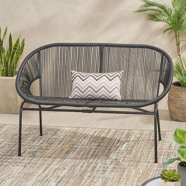 Remma Loveseat, Outdoor Rattan, Basket Woven, Black Iron Frame, 52 Inch -BM321258 52 in. x 28.25 in. x 33 in. Outdoor Basket Metal Loveseat for Patio, Backyard, Black