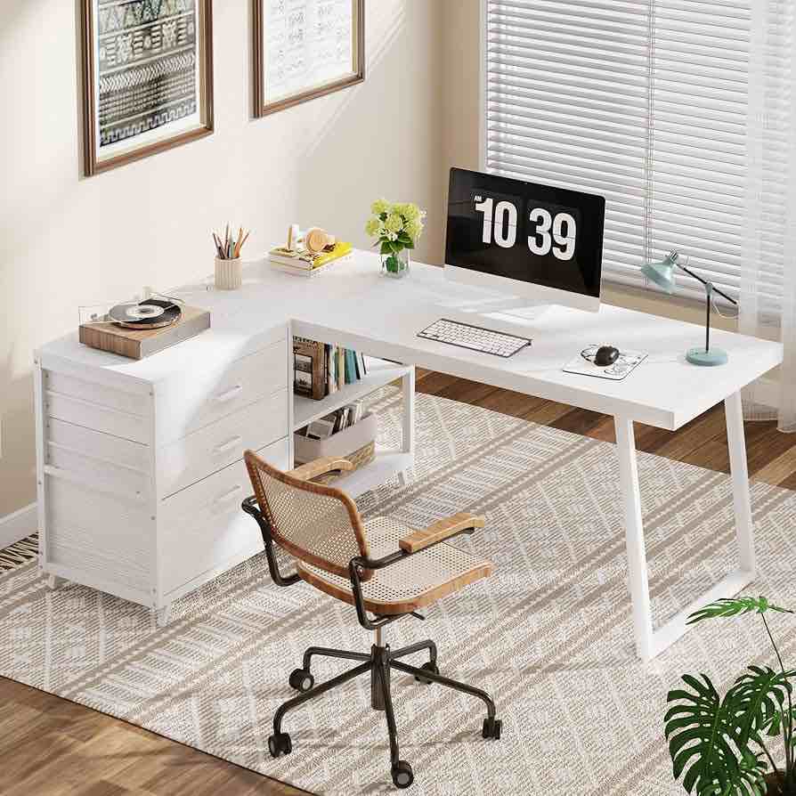  L-Shaped Computer Desk with 3 Drawers, Reversible Corner Home Office Desk with Shelves, 53-Inch Industrial PC Desk Study Writing Table Workstation for Small Space, White