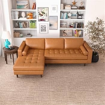 L Shaped Sectional Leather Couch Sofa - Brown Mid Century Modern Left Hand Facing Cushion Back Couches with Chaise Lounge for Living Room, Apartment, and Home, Genuine Leather, Cognac Tan , Desmond (COMPLETE NO DAMAGE OBSERVED.)