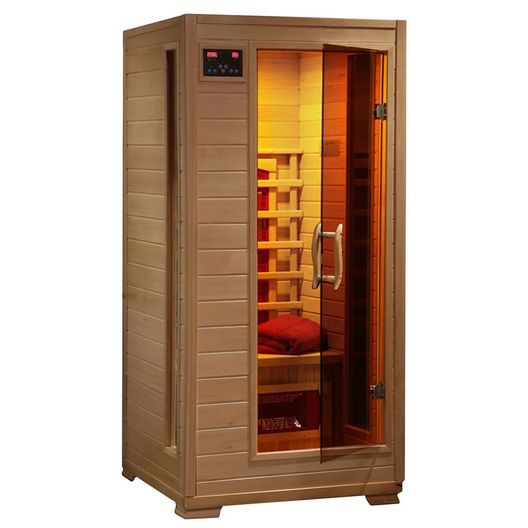 Heatwave - Buena Vista 1-2 Person Hemlock Infrared Sauna w/ 2 Ceramic Heaters ; Operates up to 141 degrees F Made From Solid Hemlock Wood Buckle Assembly For Easy Setup 120v/15 Amp, AUX Mp3 Connection EZ-Touch Interior & Exterior LED Controls 8mm Thick Tempered Glass Door