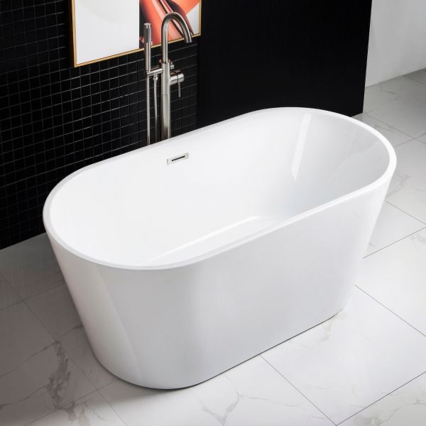 WOODBRIDGE 59" Acrylic Freestanding Bathtub Contemporary Soaking Tub with Chrome Overflow and Drain,White Tub,B0014-C-Drain&O