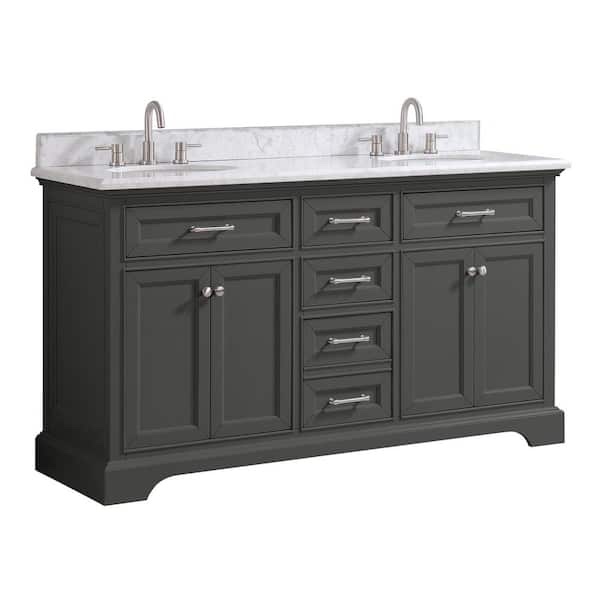 Home Decorators Collection Windlowe 61 in. W x 22 in. D x 35 in. H Freestanding Bath Vanity in Gray with Carrara White Marble Marble Top (Mirrors Sold Separately)