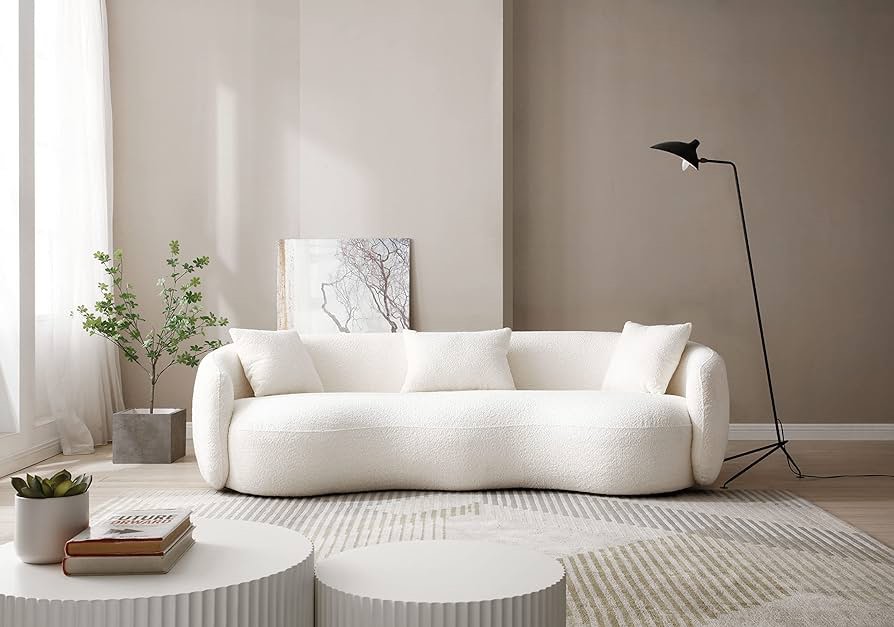 FANYE 93.6" Teddy Boucle Fabric Cloud Leisure Modern Comfy 4 Seaters Half-Moon Curved Couch,Beautiful Freestanding Sofa Perfect Shape More Decorative for Home Office Apartment Living Room, Beige