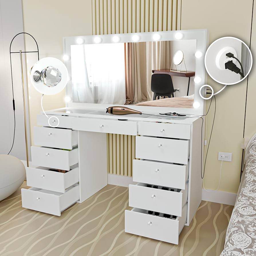 Boahaus Yara PRO Makeup Vanity Desk with Built-in Lights, USB Port, Power Outlet, 11 Drawers, Hollywood Vanity Mirror, Glam Glass Top Vanity, and Crystal Ball Knobs. Large Vanity for Bedroom