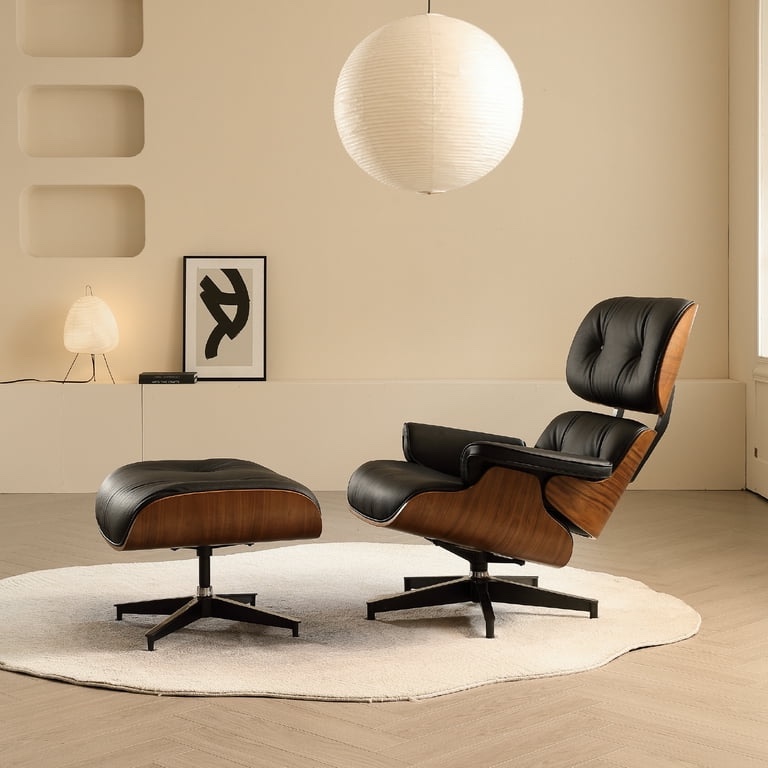 Mid Century Chaise Lounge Chair Indoor, Modern Leatherchair With Ottoman,Swivel Accent Chair for Reading Room , Classic Design,Walnut Wood?Black