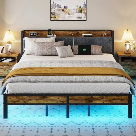 King Size Bed Frame with Smart LED Lights, Storage Headboard with USB Charging Station, Metal Platform Bed Noise Free, Easy Assembly, No Box Spring Needed
