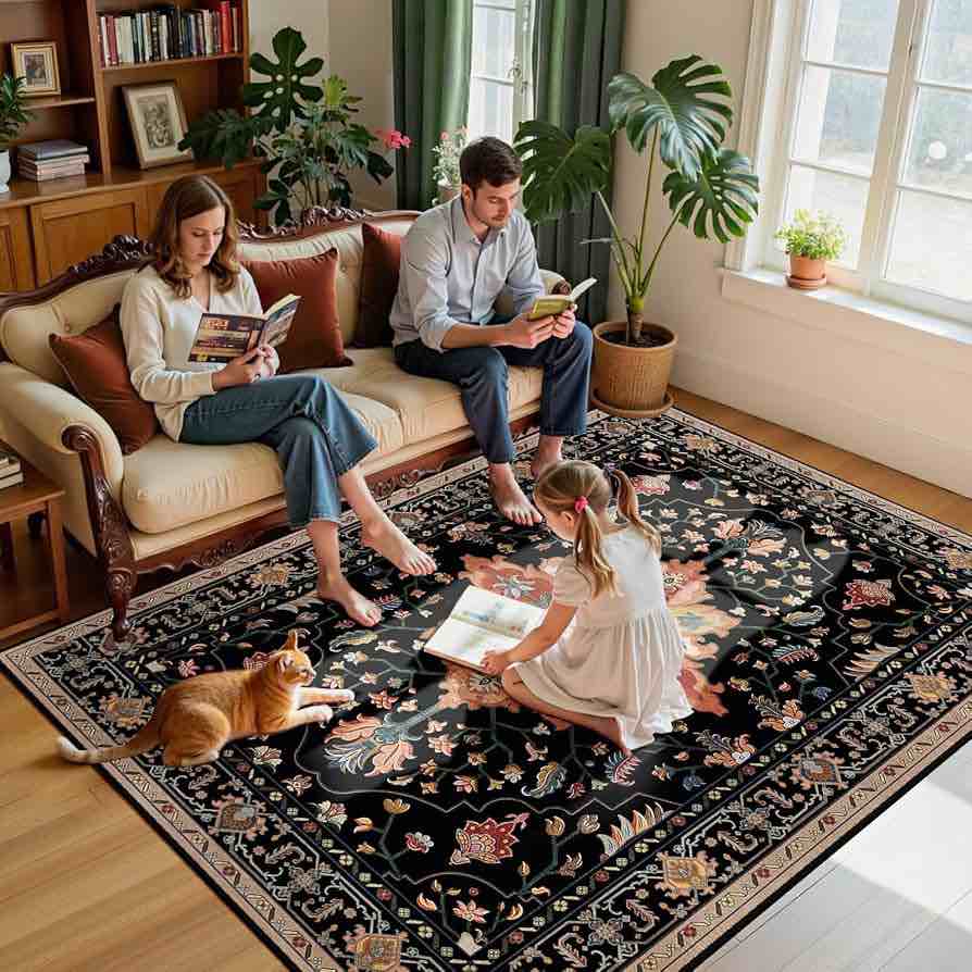 Area Rugs 8'x10' Washable Non-Slip, Floral Vintage Distress Print Pattern Medallion Carpet for Living Room Bedroom Dining Room, Black Brown Neutral Dark Tan