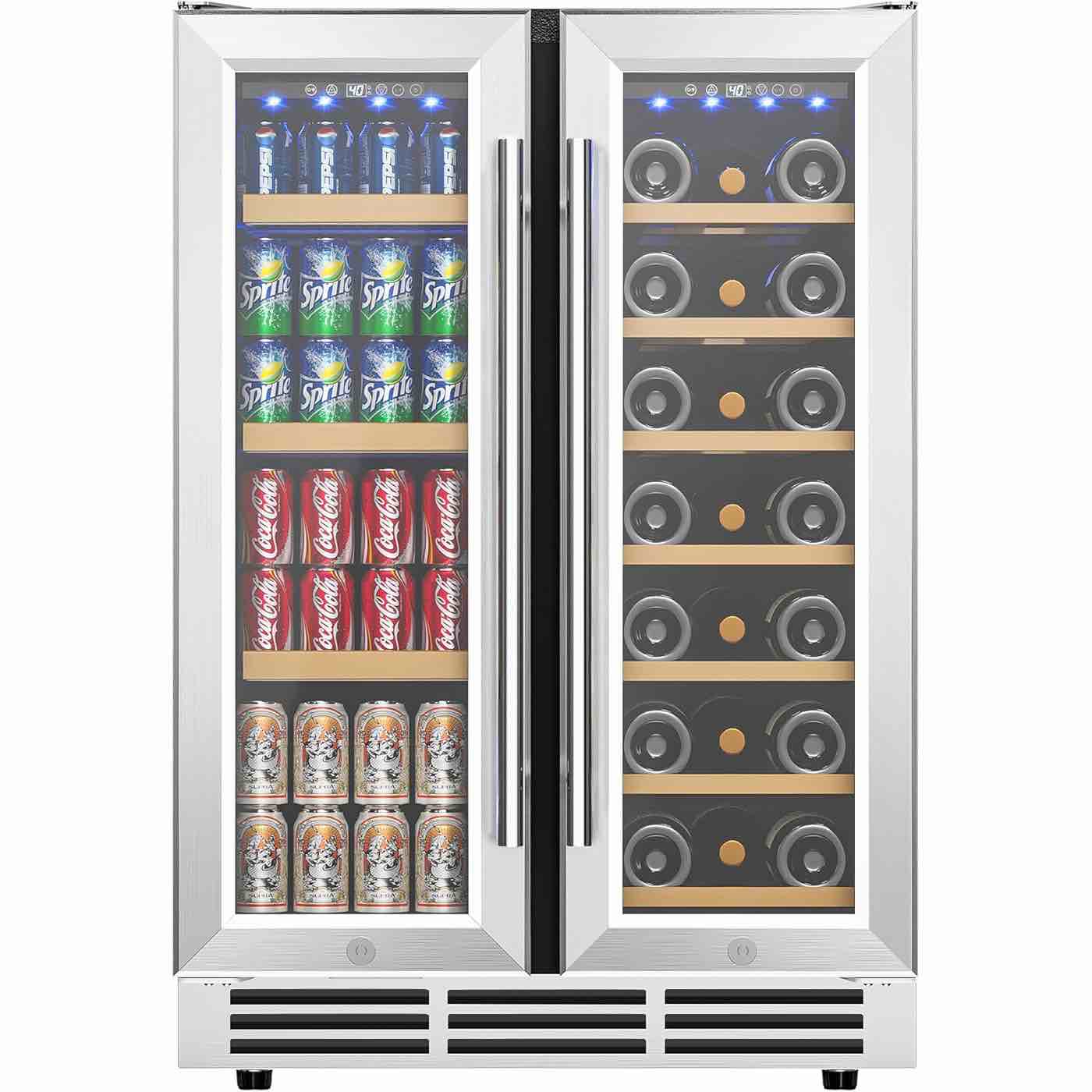 euhomy wine and beverage refrigerator, 24 inch dual zone wine cooler with glass door hold 21 bottles and 88 cans, built in or under counter wine fridge with blue led light