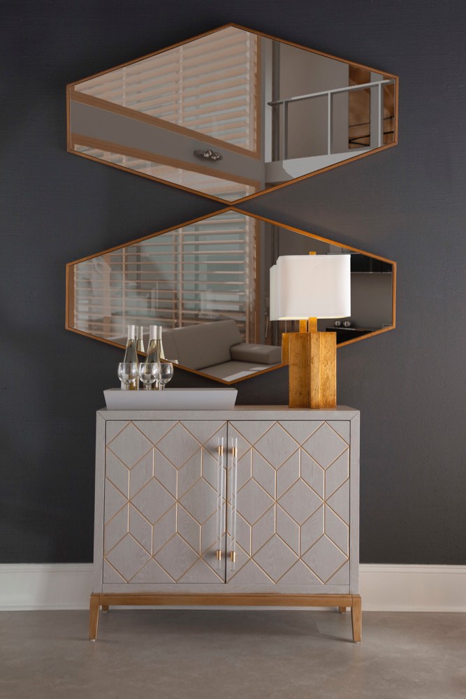Perrine 2 - Door Bassett Mirror Perrine White Bar Cabinet, Graphite/Gold (Minor Dent,See Photos.)