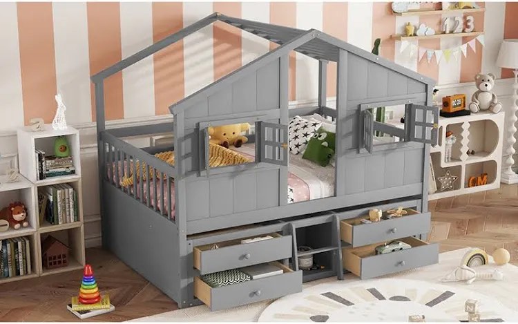 One Allum Way Full Size House Loft Bed with Storage Drawers and Roof By One Allium Way, Grey