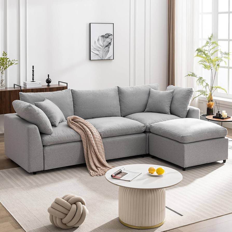 Roomfitters Down Filled Upholstery Convertible Sectional Sofa, L-Shaped Couch with Reversible Chaise, Light Gray