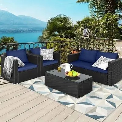 Rattan Loveseat & 2 Chair Set, Navy Cushions