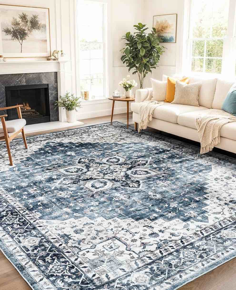AMADA HOMEFURNISHING 8x10 Washable Area Rug, Low-Profile Large Area Rug with Non-Slip Backing & Durable Edge Binding, Vintage Large Rugs for Living Room, Bedroom, Dinning Room