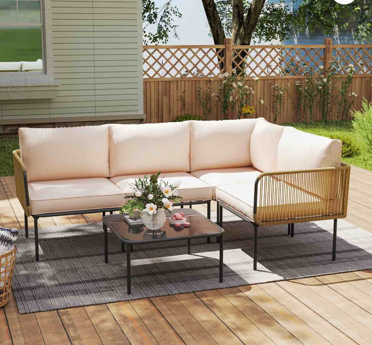 Patio Furniture Set, 5 Piece Outdoor Patio L-Shaped Conversation Set with Cushions and Table, All-Weather Rattan Woven Sectional Sofa for Backyard, Porch, Boho Detachable Lounger