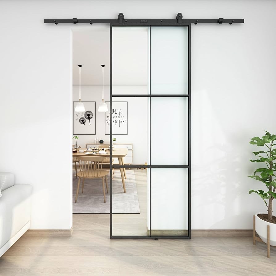 JUBEST 36in x 96in Glass Sliding Barn Door, 3-Panel Black Aluminum Frame and Clear Tempered Glass Modern French Door, Easy to Install (No Sliding Hardware Kit)