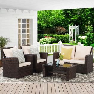 Wisteria Lane 4 Piece Outdoor Patio Furniture Sets, Wicker Conversation Set For Porch Deck, Brown Rattan Sofa Chair With Cushion
