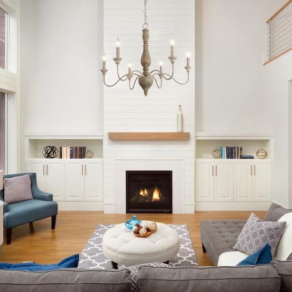 LNC Wood Candlestick Chandelier 6-Light Distressed White Island Farmhouse Chandelier Rustic Pendant for Foyer with Open Arms