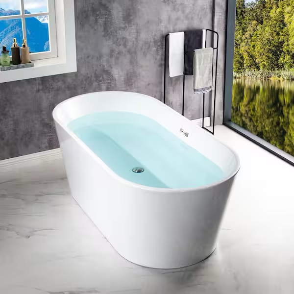 59 in. Acrylic Flatbottom Double Ended Air Bath Bathtub with Brushed Nickel Overflow and Drain Included in White by WOODBRIDGE