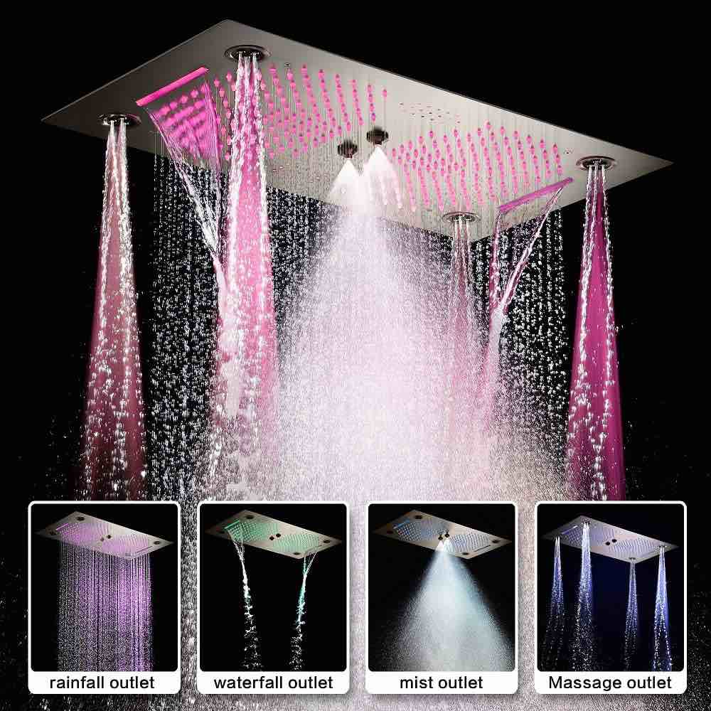 Featured: Cascada Pisa 16"x28" Brushed Nickel Bluetooth LED Shower System Modern LED Shower Head with Built-in Bluetooth Speakers