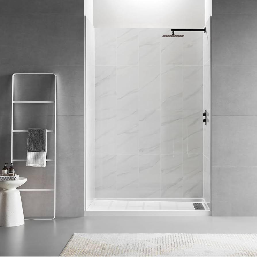 Simple Project 48 in. L x 36 in. W SMC Material Alcove Shower Pan Base with Right Drain, in White (Missing Aluminum Hair Catch Covet, Not Necessary for Function. $42-$62 Replacement Cost Online. Ser Photos.)