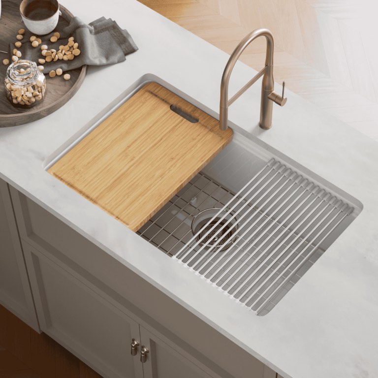 30 Inch Rectangle Fireclay Undermount Workstation Sink, Deep Bowl With Cutting Board, Drying Rack, Dual-Mount Design & Stain-Resistant White Finish MH-301910PW-W Sink 30 inch Undermount workstation kitchen sink non-central drain hole glossy white