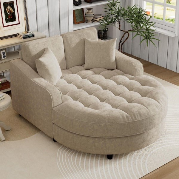 Nestfair Champagne Chenille Modern Chaise Lounge Sofa Bed with Tufted Seat and Detachable Pillows