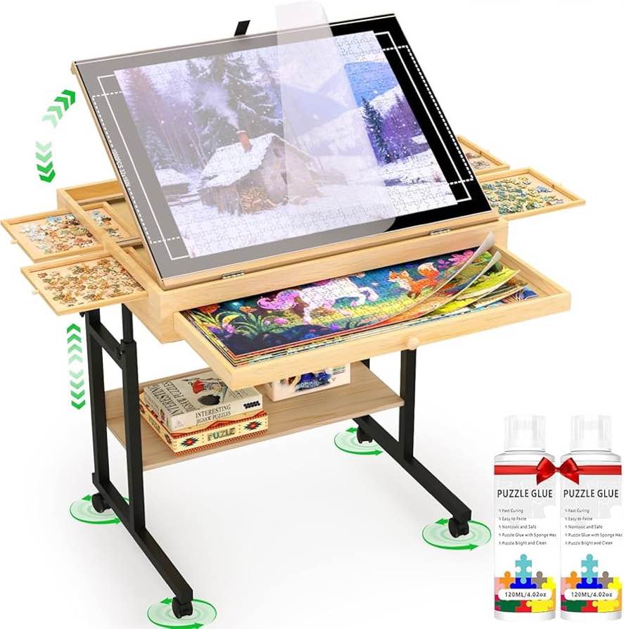 Wooden Puzzle Table with Storage for 300-1500 Piece Puzzles - Adjustable Height & Tilt, Felt Cover, Metal Stand, Lockable Wheels, Perfect for Puzzle Lovers & Adults (Puzzle Table-M)