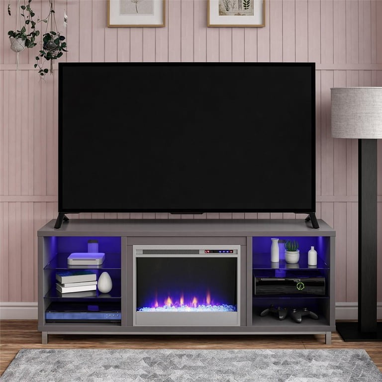 Ameriwood Home Lumina Fireplace TV Stand for TVs up to 70 Inch, Replaceable Electric Fireplace Insert Heater, Remote Control, Timer, Color Changing LED Lights, Crystal Ember Flames, Graphite Gray