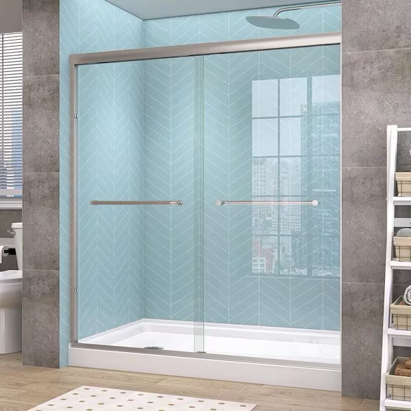 Getpro 62-66 in. W x 72 in. H Double Sliding Semi-Frameless Shower Door in Brushed Nickel Bypass Door with 1/4 in. Clear Glass KTL6672-BN 