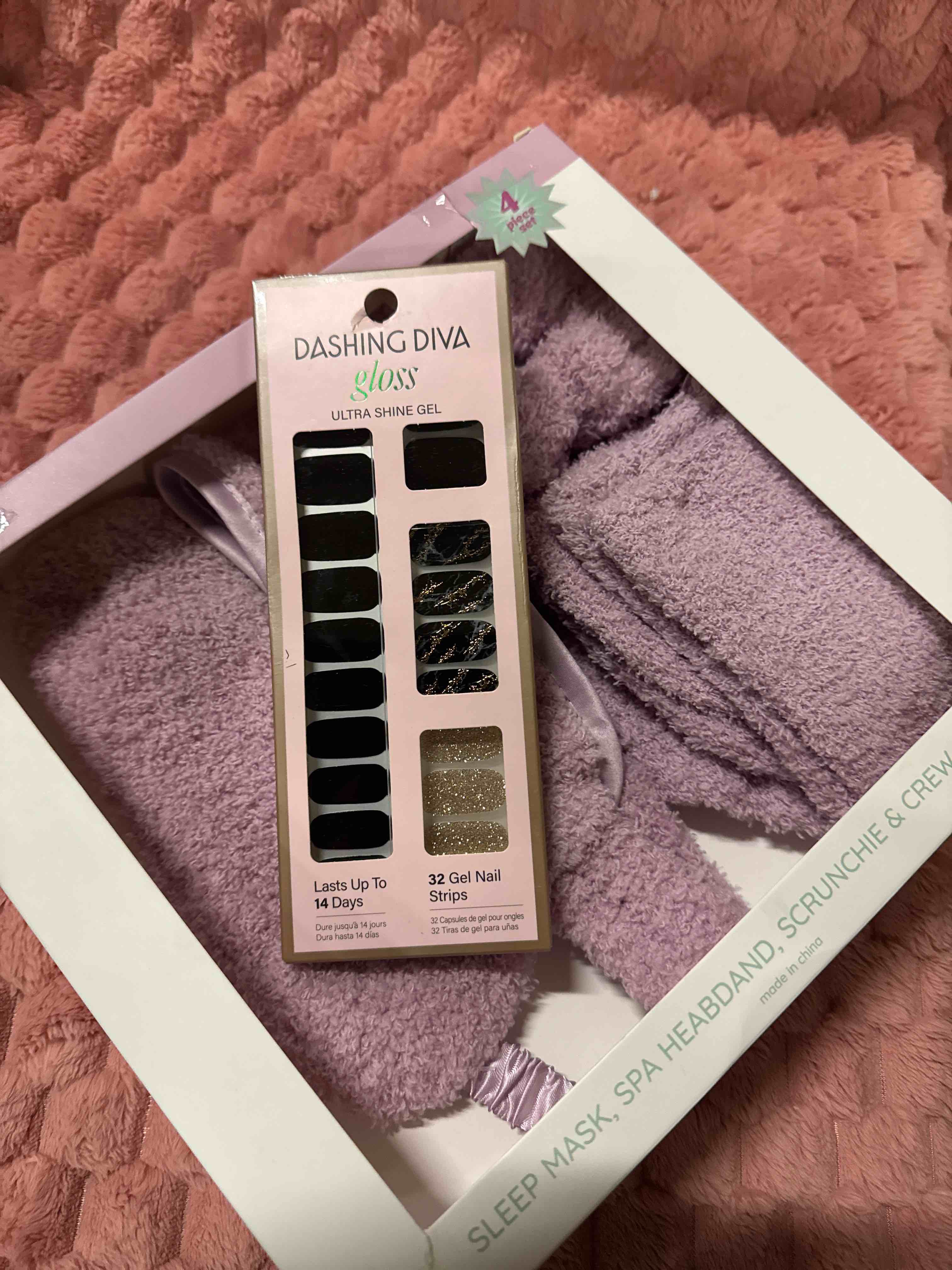 Condition photo showing New/Like New for Bundle Set- Dashing Diva 32 Nail Strips & Purple lilac spa four piece set sleep mask, spa headband, scrunchie,, and crew socks