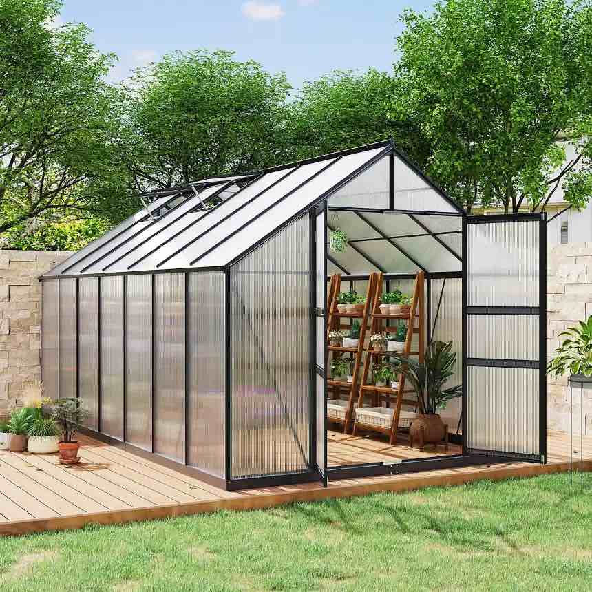 Garvee 8x14FT Walk-In Greenhouse Polycarbonate Panels Heavy Duty Aluminum Frame Roof Vent Push-Pull Door Dual Anchor System Garden Patio Lawn