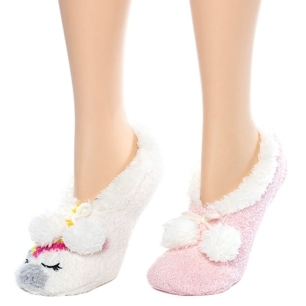 (17 -2 Packs) Cuddl Duds Women's Soft Plushfill Sherpa Lined Slipper Sock, 2 Pack, Size 4-10 (Unicorn - Pink - Black & White - Beige - Blue Bunny - Grey -White - All Colors.