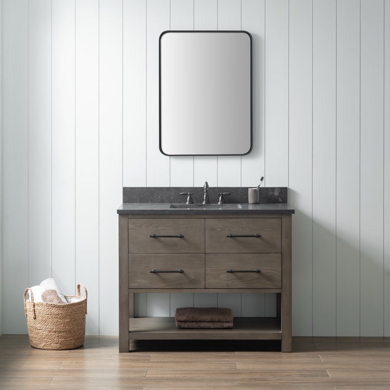  Windwood 42 in. W x 22 in. D x 34 in. H Bath Vanity in Smoke Gray with Blue Limestone Vanity Top with White Sink by SUDIO & 36 in. x 30 in. Black Metal Frame Mirror By Gracie Oaks