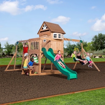 Featured: Backyard Discovery Montpelier Playset Residential Wood Playset with 2 Swings and Slide Included Model #30211FCOM
