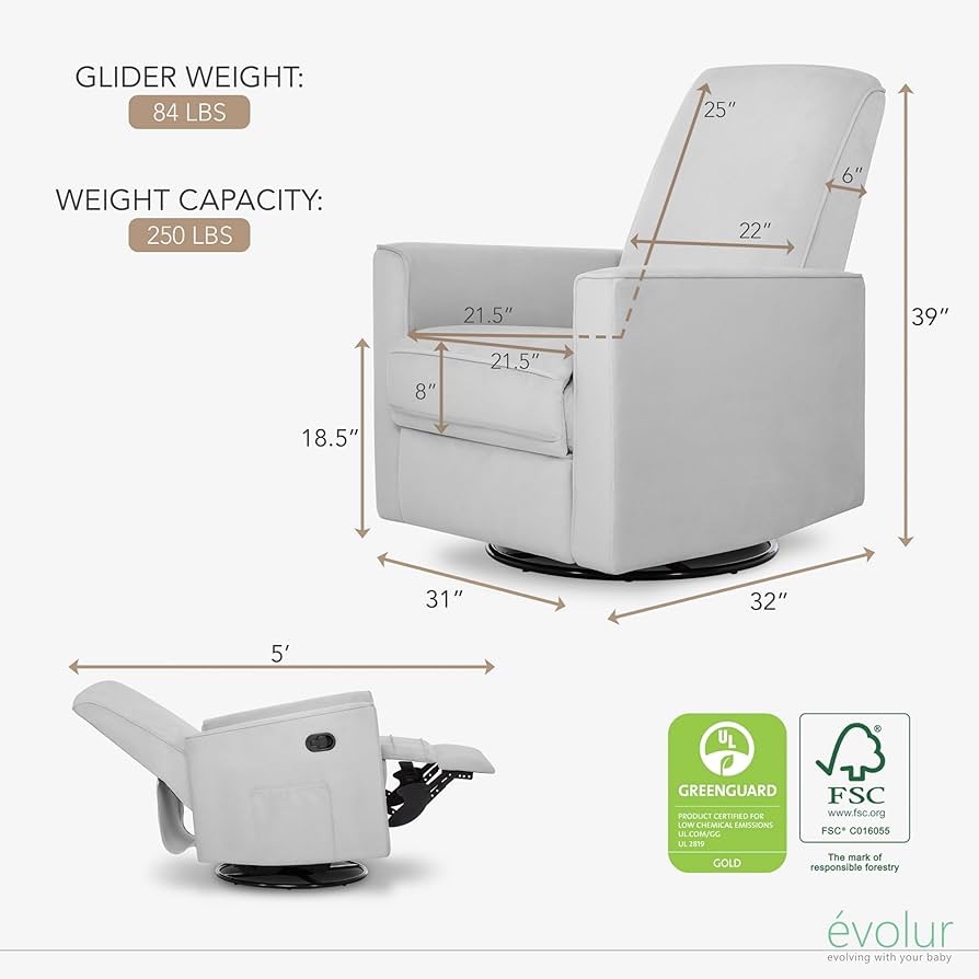 Condition photo showing Good Condition for Evolur Raleigh Upholstered Manual Glider Recliner Rocking & 360° Swivel with Smooth Glide  Greenguard Gold & FSC Certified  Modern Nursery and Living Room Chair in Grey
