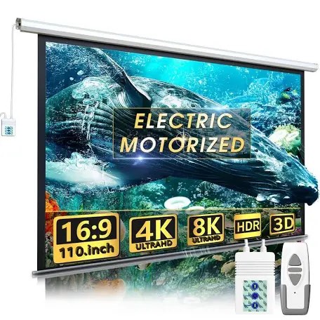 110" Motorized Projector Screen - Indoor and Outdoor Movies Screen 110 inch Electric 16:9 Projector Screen W/Remote Control