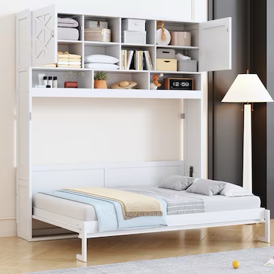 Queen Murphy Bed with Storage and Diamond Stripes, White Finish - Space-Saving Wall Bed for Modern Living N708P300345K