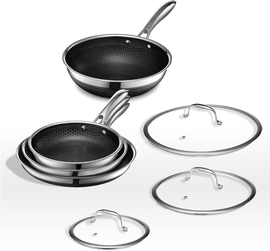 HexClad Hybrid Nonstick 7-Piece Cookware Set, 8", 10", and 12" Pans with Lids, and 10" Wok, Stay-Cool Handles, Dishwasher and Oven-Safe, Induction Ready, Compatible with All Cooktops