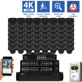 64 channel nvr security camera system with 48 8mp 4k poe 5x optical zoom 2.7-13.5mm motorized lens black dome security camera, taa compliant, human / vehicle detection, face recognition, smart ai analytics, built-in mic, includes all install cabling.
